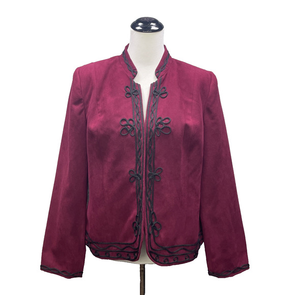 dressbarn Jackets & Blazers - Dress Barn XL Burgundy Faux Suede Jacket w/Black Scrollwork Embroidery Mandarin